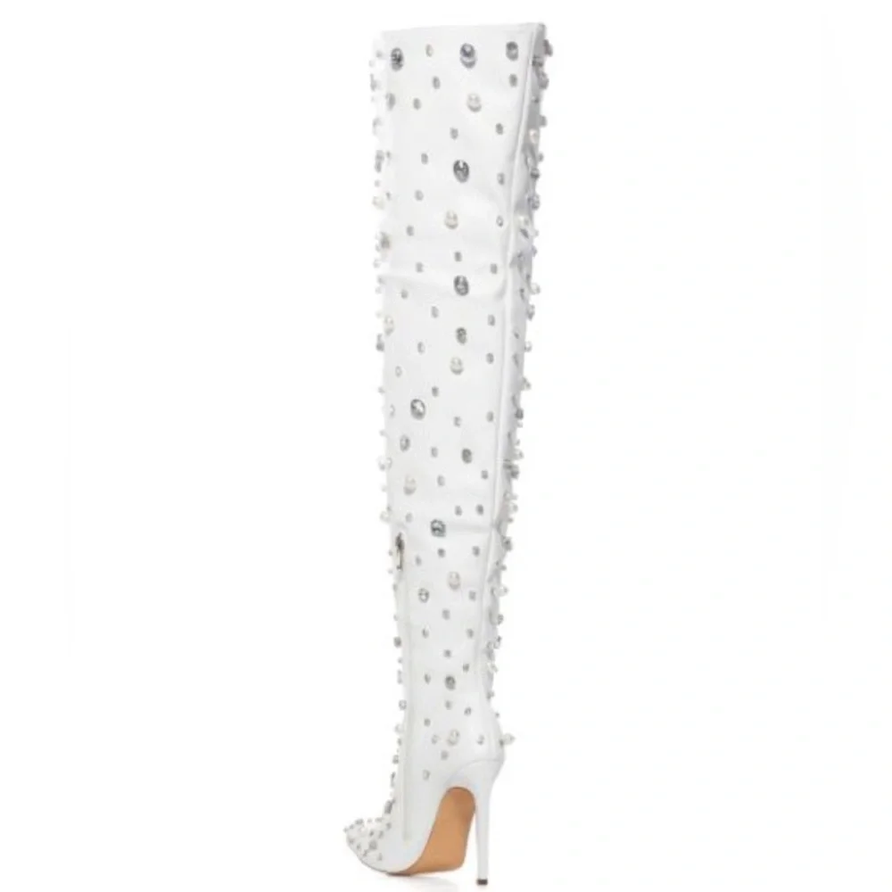 AZALEA WANG White Vegan Leather Embellished Over The Knee Boots